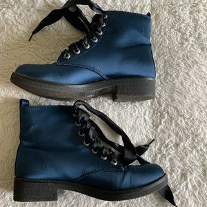 Dirty Laundry Blue Satin Lace Up Booties